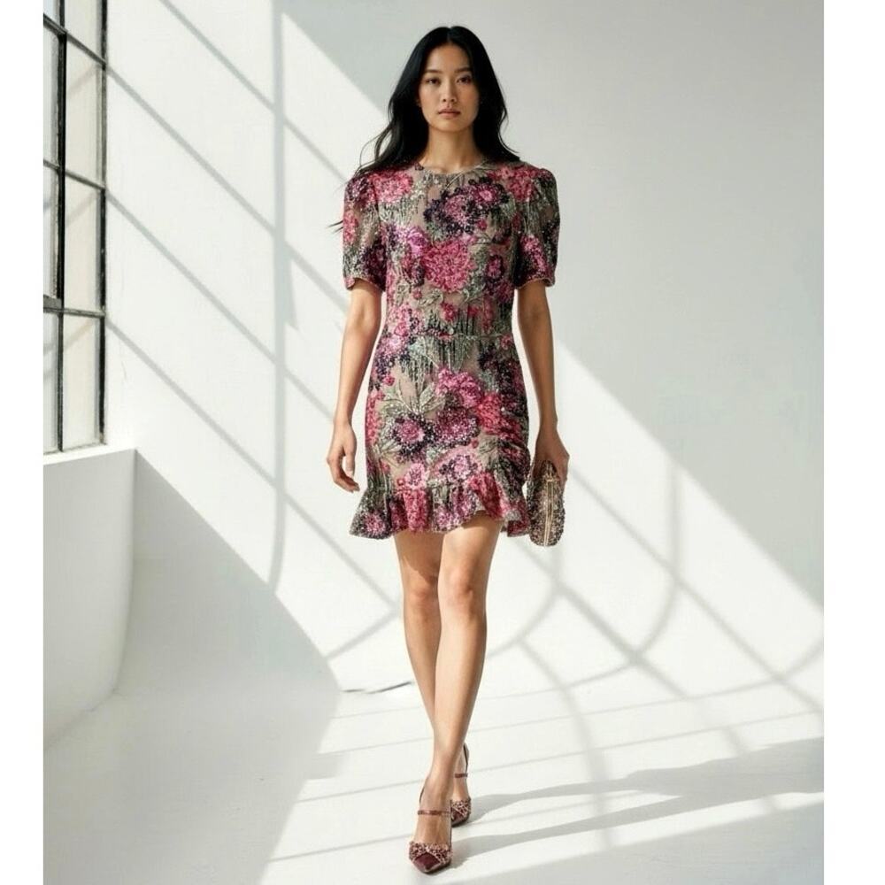 Dress the Population Floral Embroidered Sequin Sheer Mesh Mini Dress S NWOT